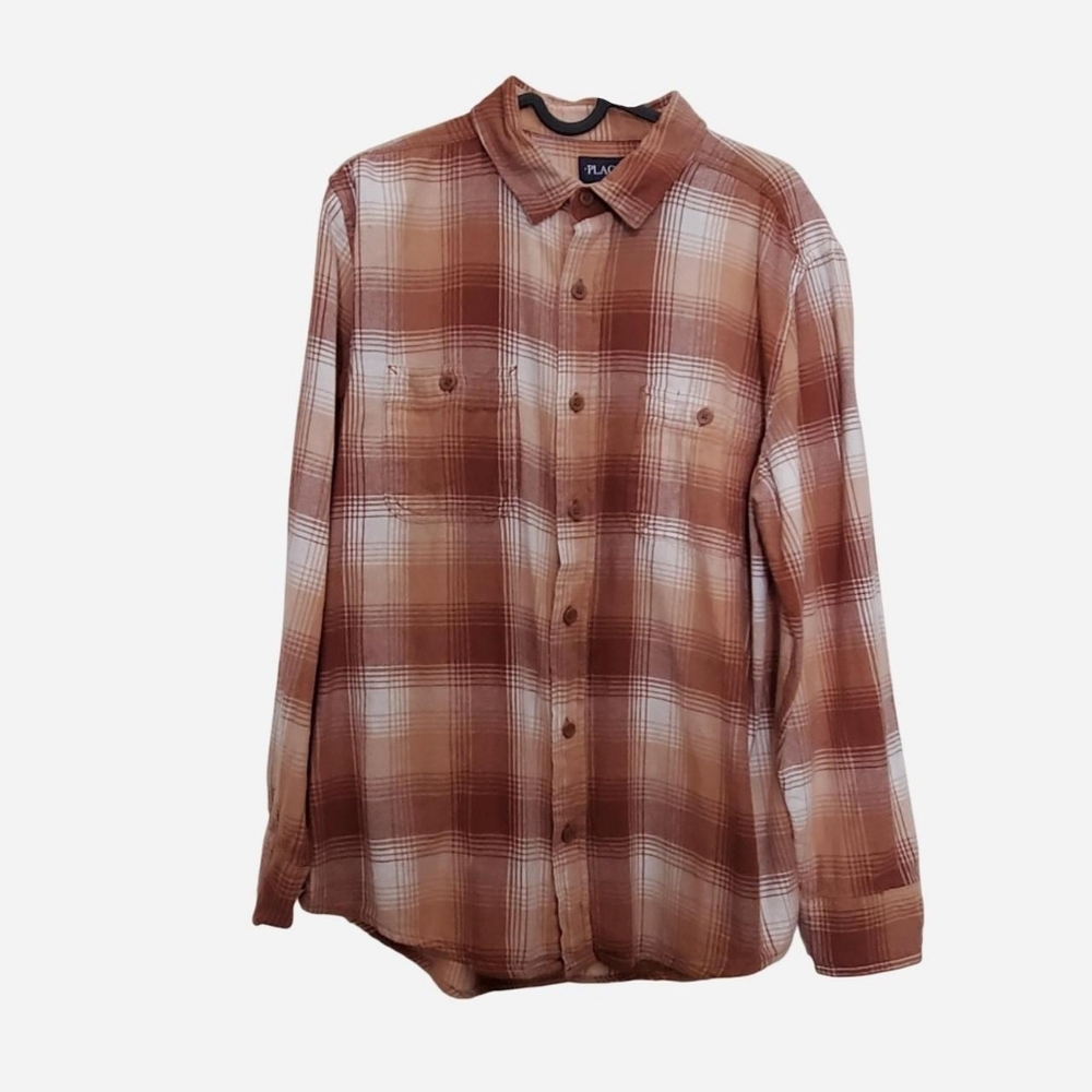 Place Brand Mens Medium Plaid Brown Tan Button Shirt Down Long Sleeve Casual Top